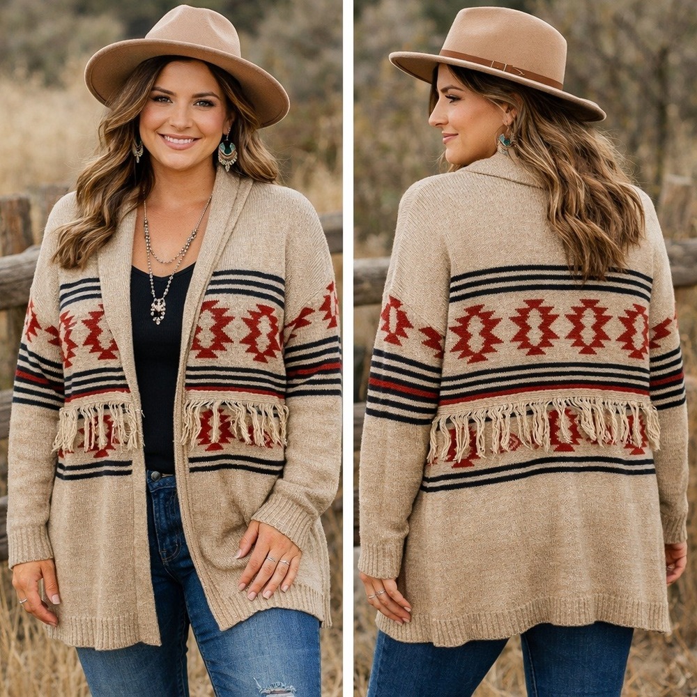 Maurices Cardigan Women 1X Tan Southwestern Fringe Open Front Sweater Boho Aztec